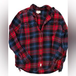 Red and Blue Plaid Flannel Shirt Sz L Grunge